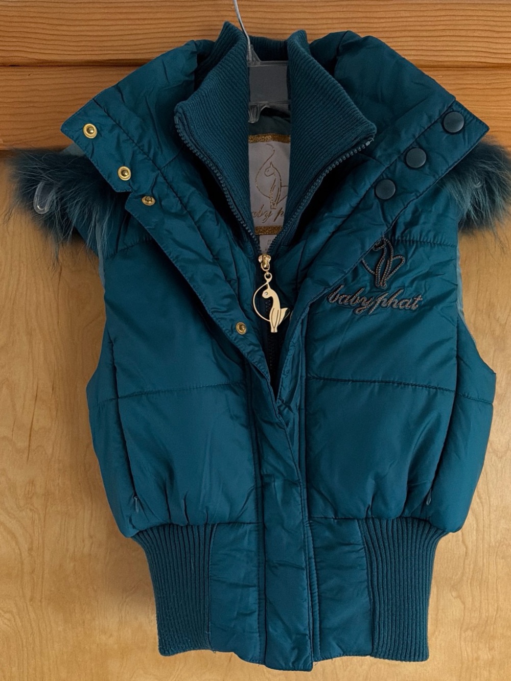 Vintage Y2K Baby Phat Teal Puffer Jacket Vest with Gold Logo